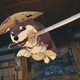 A ninja dog barrelling forward with a Japanese sword in their mouth.